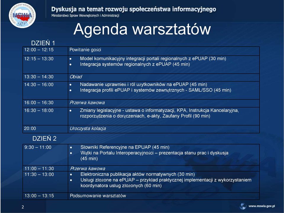 legislacyjne - ustawa o informatyzacji, KPA, Instrukcja Kancelaryjna, rozporządzenia o doręczeniach, e-akty, Zaufany Profil (90 min) 20:00 Uroczysta kolacja DZIEŃ 2 9:30 11:00 Słowniki Referencyjne