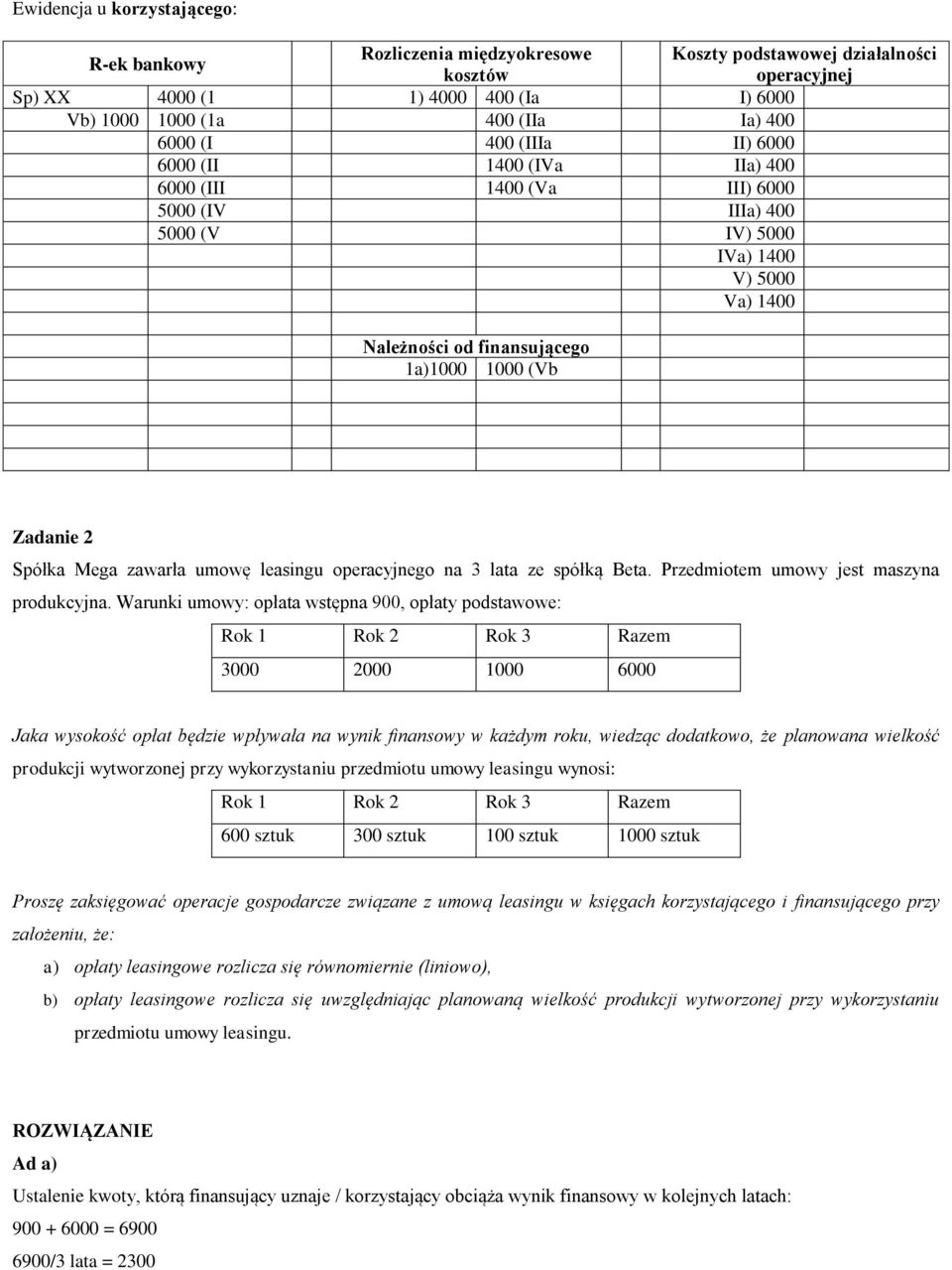 Warunki umowy: opłata wstępna 900, opłaty podstawowe: Rok 1 Rok 2 Rok 3 Razem 3000 2000 1000 6000 Jaka wysokość opłat będzie wpływała na wynik finansowy w każdym roku, wiedząc dodatkowo, że planowana