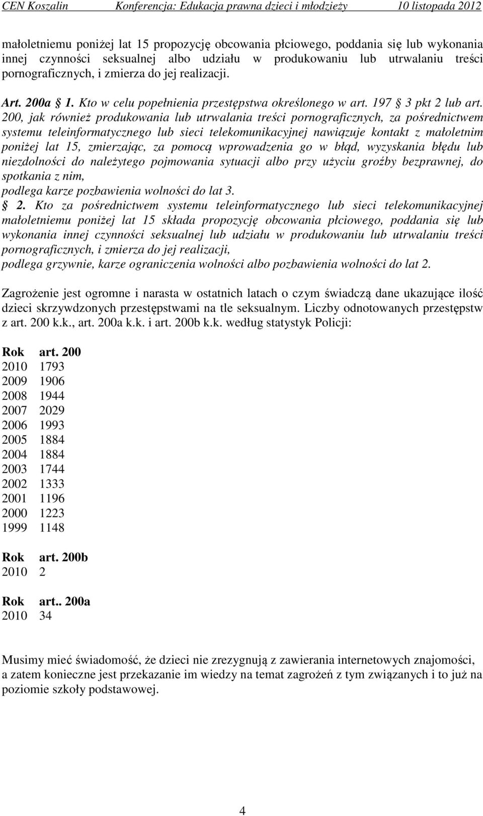 200, jak również produkowania lub utrwalania treści pornograficznych, za pośrednictwem systemu teleinformatycznego lub sieci telekomunikacyjnej nawiązuje kontakt z małoletnim poniżej lat 15,