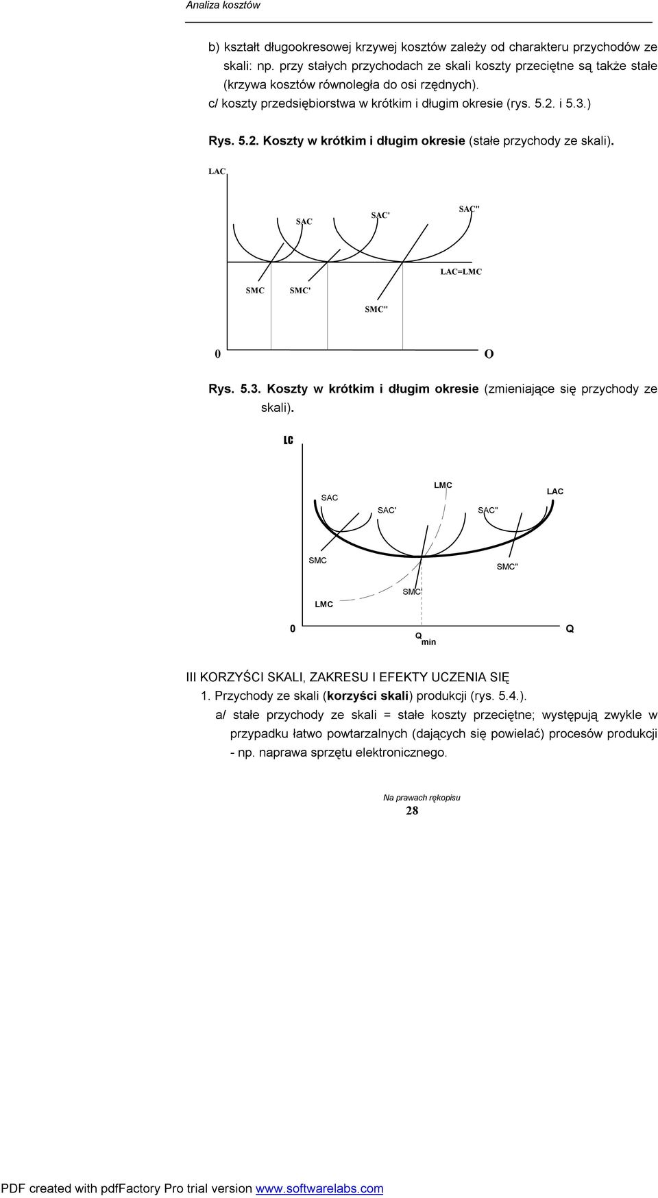 i 5.3.) Rys. 5.2. Koszty w krótkim i długim okresie (stałe przychody ze skali). S S' S" =L S S' S" 0 Rys. 5.3. Koszty w krótkim i długim okresie (zmieniające się przychody ze skali).