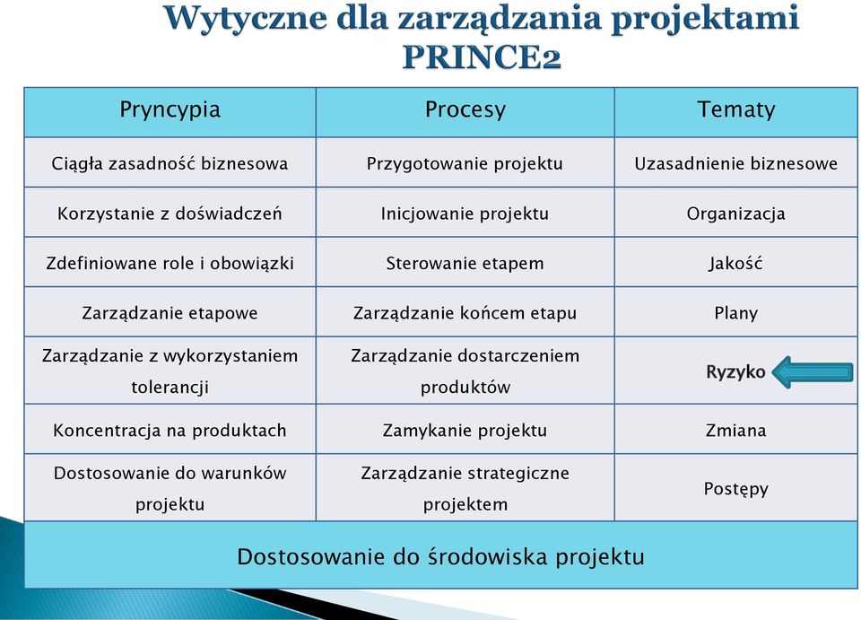 etapu Plany Zarządzanie z wykorzystaniem tolerancji Zarządzanie dostarczeniem produktów Ryzyko Koncentracja na produktach