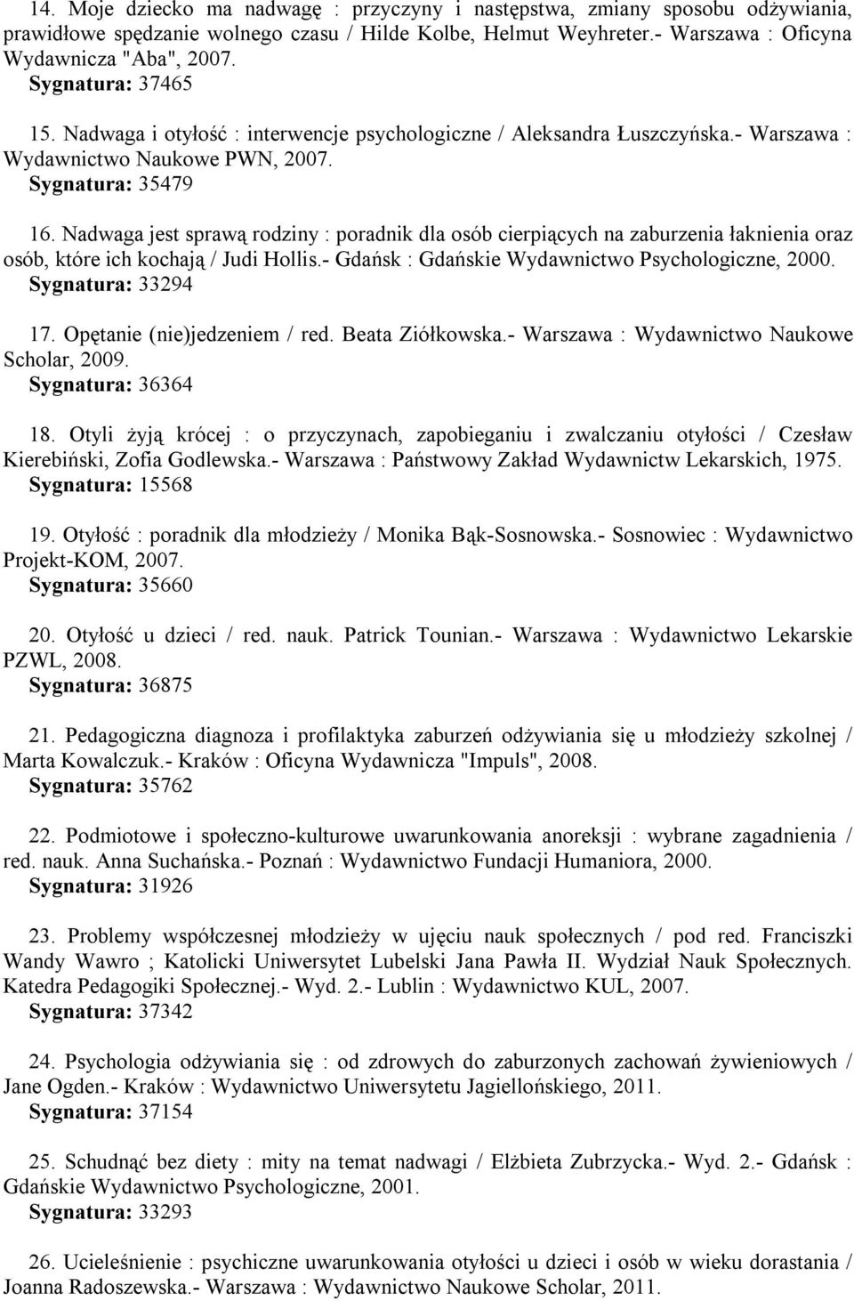 Nadwaga jest sprawą rodziny : poradnik dla osób cierpiących na zaburzenia łaknienia oraz osób, które ich kochają / Judi Hollis.- Gdańsk : Gdańskie Wydawnictwo Psychologiczne, 2000.