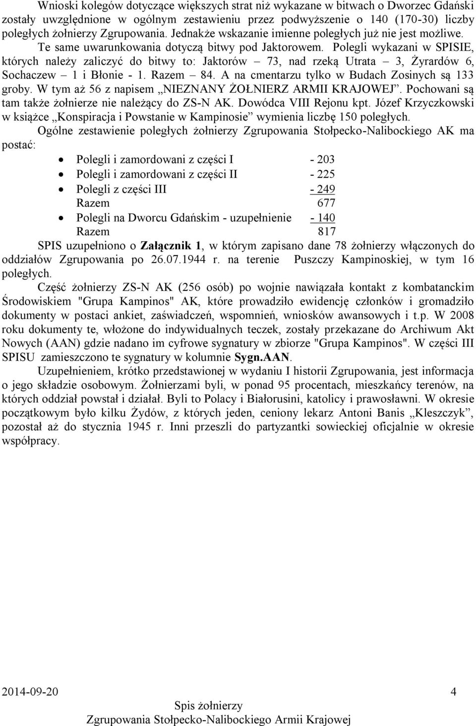 Polegli wykazani w SPISIE, których należy zaliczyć do bitwy to: Jaktorów 73, nad rzeką Utrata 3, Żyrardów 6, Sochaczew 1 i Błonie - 1. Razem 84. A na cmentarzu tylko w Budach Zosinych są 133 groby.