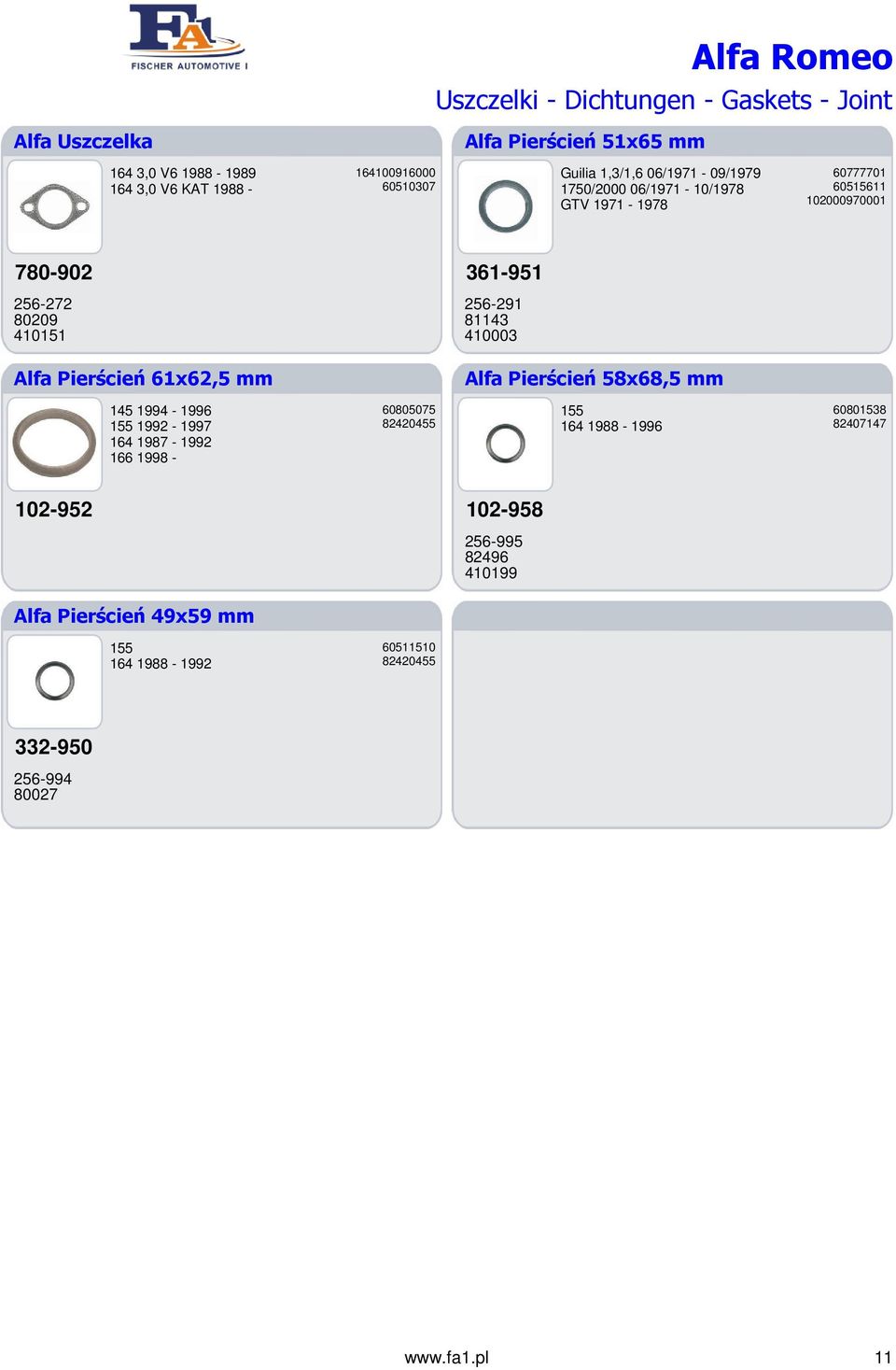 256-291 81143 410003 Alfa Pierścień 61x62,5 mm Alfa Pierścień 58x68,5 mm 145 1994-1996 155 1992-1997 164 1987-1992 166 1998-60805075 82420455 155