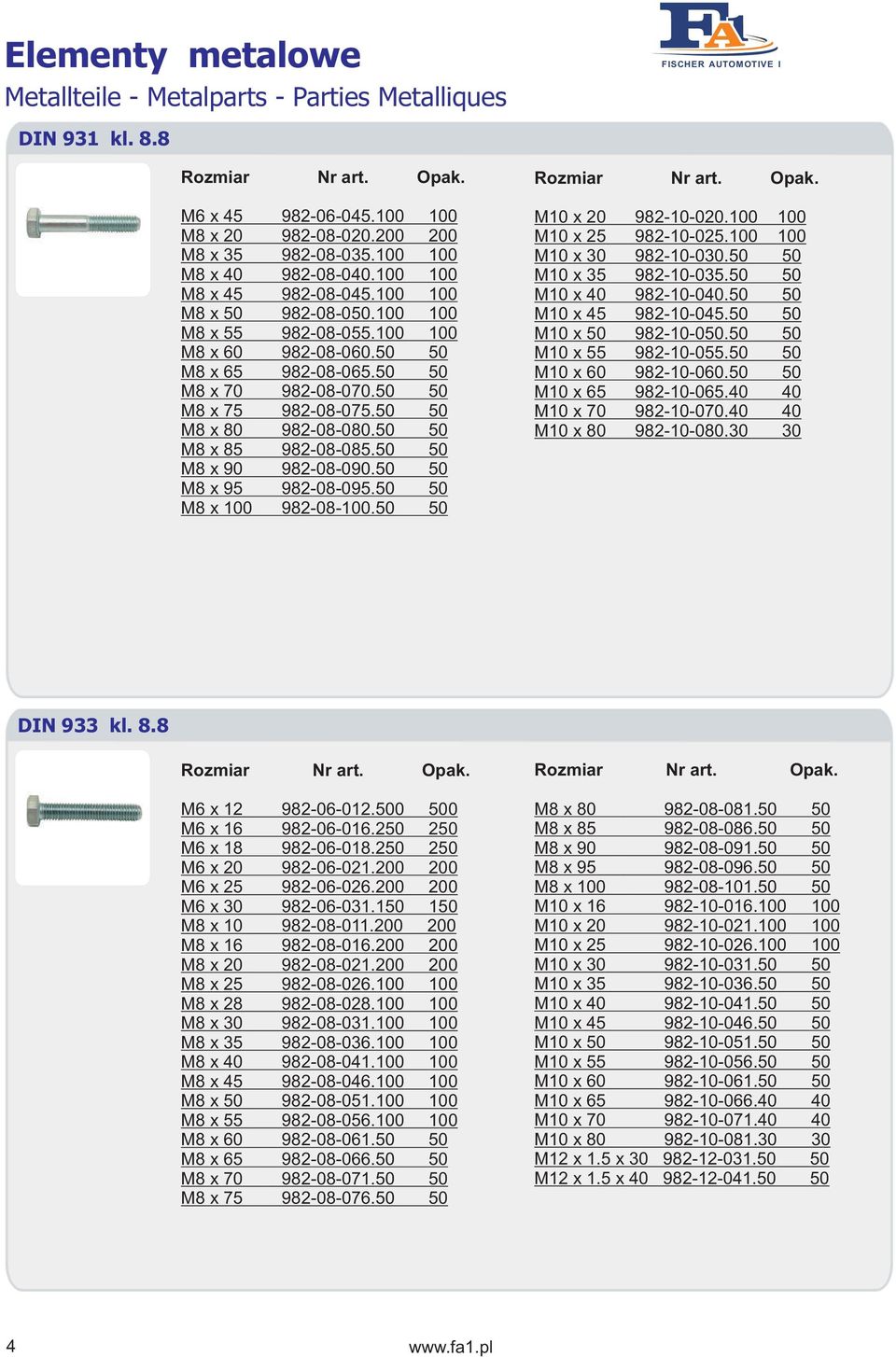 50 50 M8 x 75 982-08-075.50 50 M8 x 80 982-08-080.50 50 M8 x 85 982-08-085.50 50 M8 x 90 982-08-090.50 50 M8 x 95 982-08-095.50 50 M8 x 100 982-08-100.50 50 Rozmiar Nr art. Opak. M10 x 20 982-10-020.