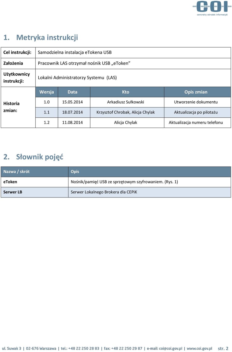 2014 Arkadiusz Sułkowski Utworzenie dokumentu 1.1 18.07.2014 Krzysztof Chrobak, Alicja Chylak Aktualizacja po pilotażu 1.2 11.08.