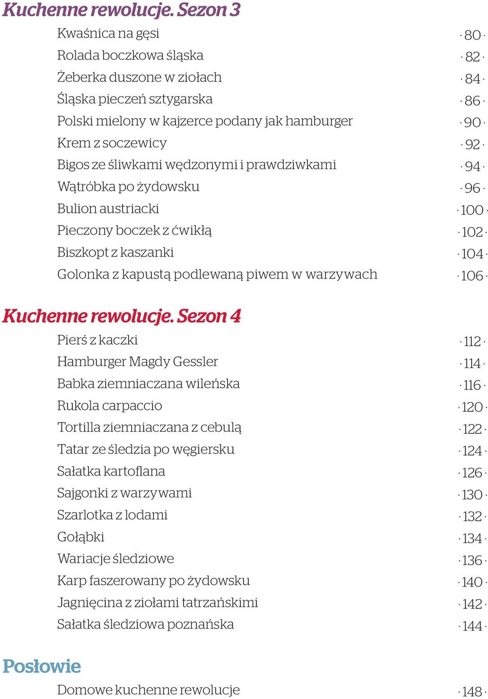 prawdziwkami Wątróbka po żydowsku Bulion austriacki Pieczony boczek z ćwikłą Biszkopt z kaszanki Golonka z kapustą podlewaną piwem w warzywach  Sezon 4 Posłowie Pierś z kaczki Hamburger Magdy Gessler