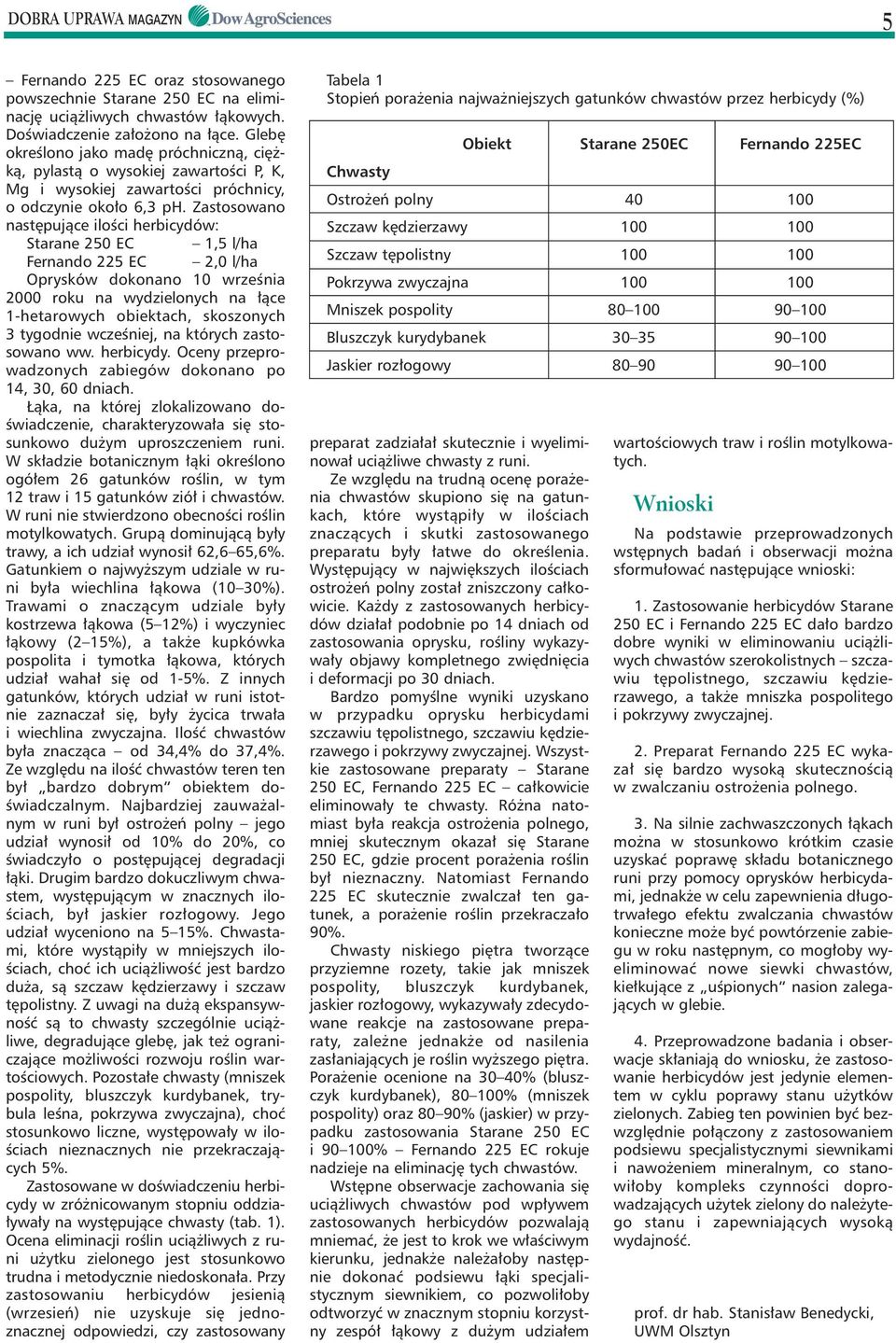 Zastosowano nast pujàce iloêci herbicydów: Starane 250 EC 1,5 l/ha Fernando 225 EC 2,0 l/ha Oprysków dokonano 10 wrzeênia 2000 roku na wydzielonych na àce 1-hetarowych obiektach, skoszonych 3