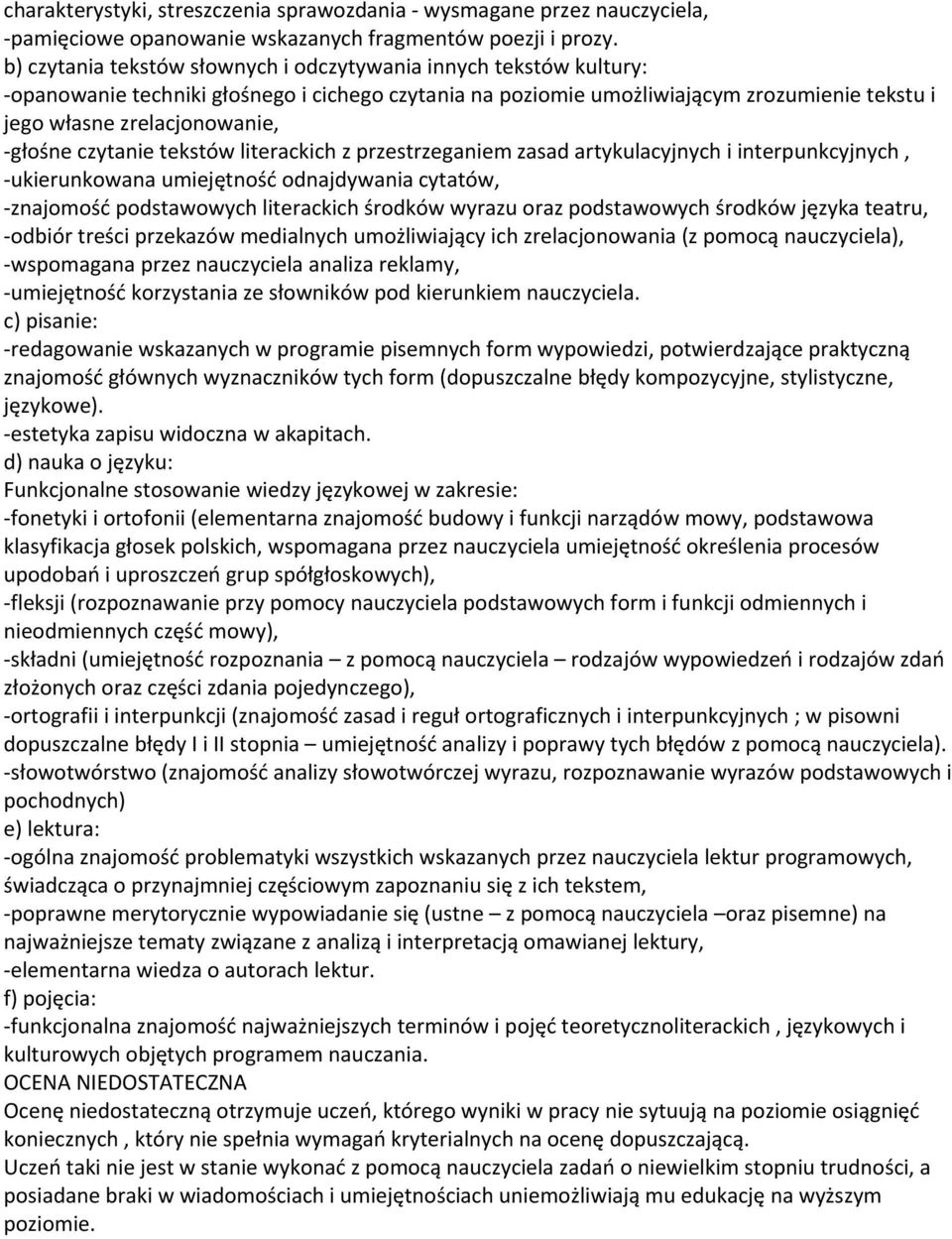 -głośne czytanie tekstów literackich z przestrzeganiem zasad artykulacyjnych i interpunkcyjnych, -ukierunkowana umiejętność odnajdywania cytatów, -znajomość podstawowych literackich środków wyrazu