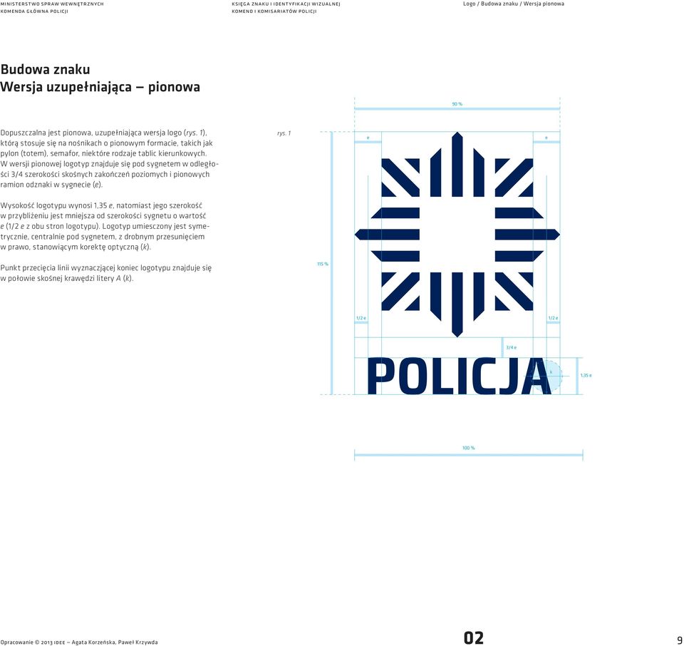 W wersji pionowej logotyp znajduje się pod sygnetem w odległośi 3/4 szerokośi skośnyh zakońzeń poziomyh i pionowyh ramion odznaki w sygneie (e). rys.