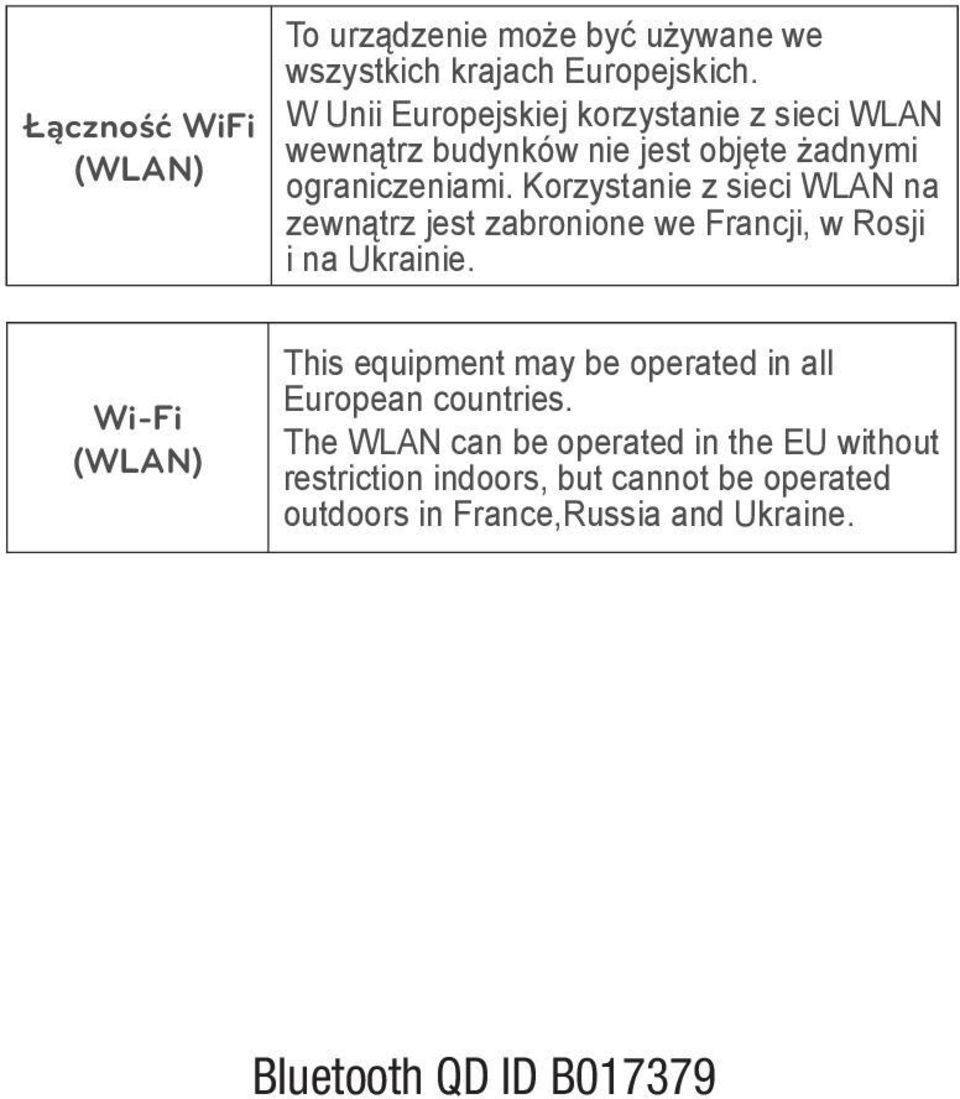 Korzystanie z sieci WLAN na zewnątrz jest zabronione we Francji, w Rosji i na Ukrainie.