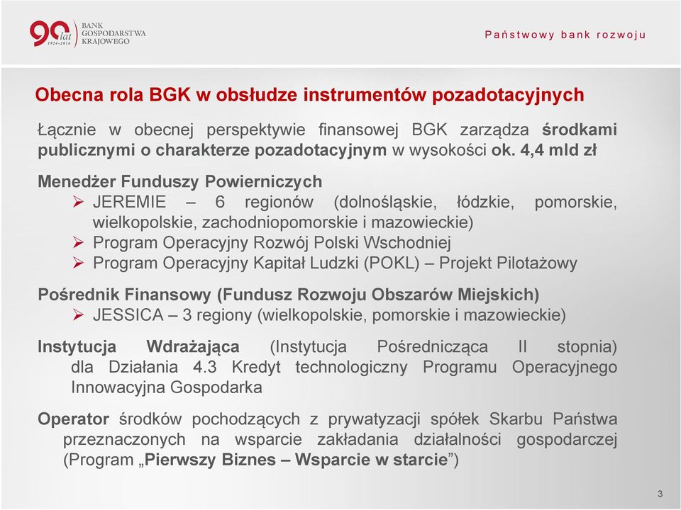 Operacyjny Kapitał Ludzki (POKL) Projekt Pilotażowy Pośrednik Finansowy (Fundusz Rozwoju Obszarów Miejskich) JESSICA 3 regiony (wielkopolskie, pomorskie i mazowieckie) Instytucja Wdrażająca