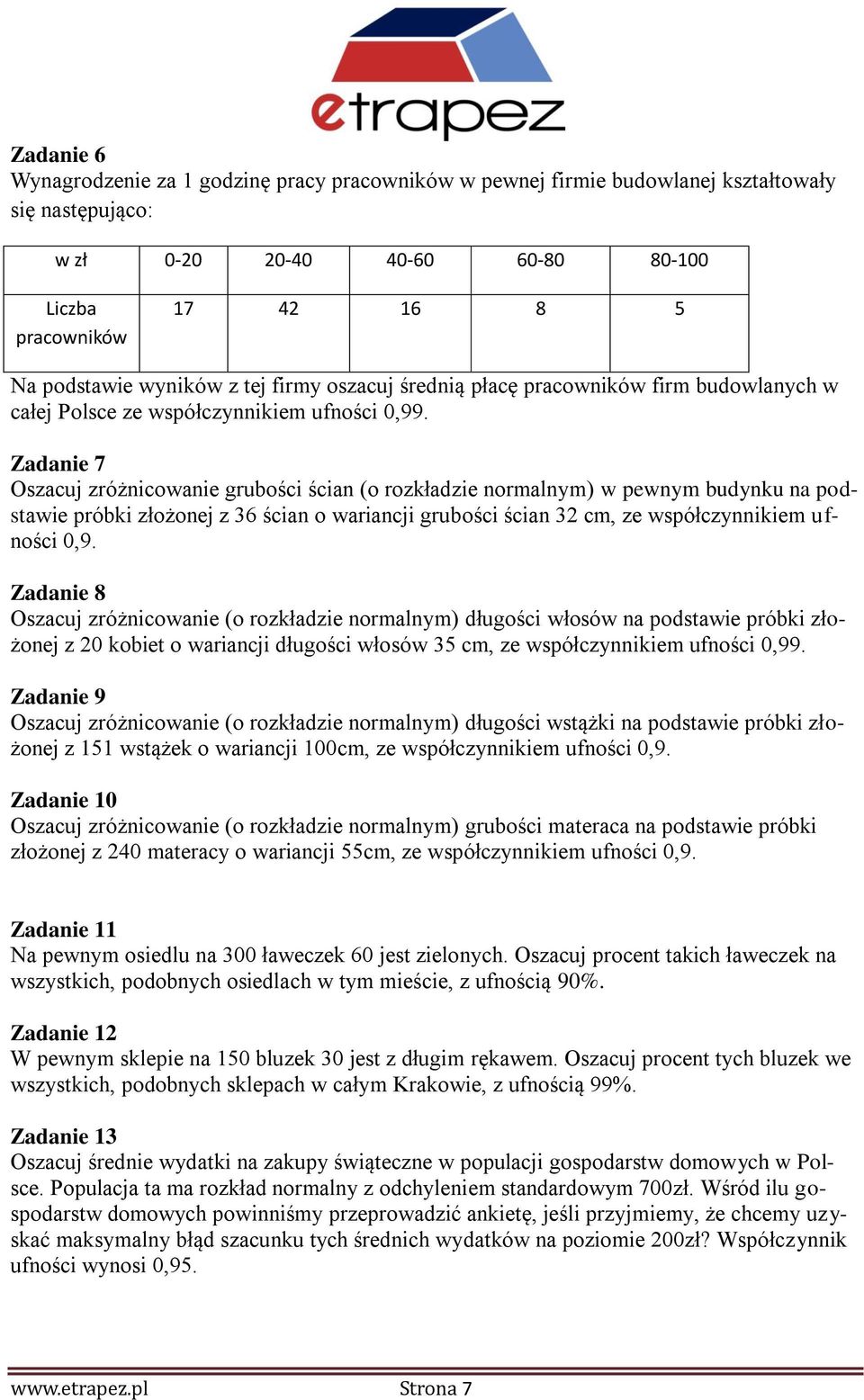 Zadanie 7 Oszacuj zróżnicowanie grubości ścian (o rozkładzie normalnym) w pewnym budynku na podstawie próbki złożonej z 36 ścian o wariancji grubości ścian 3 cm, ze współczynnikiem ufności 0,9.