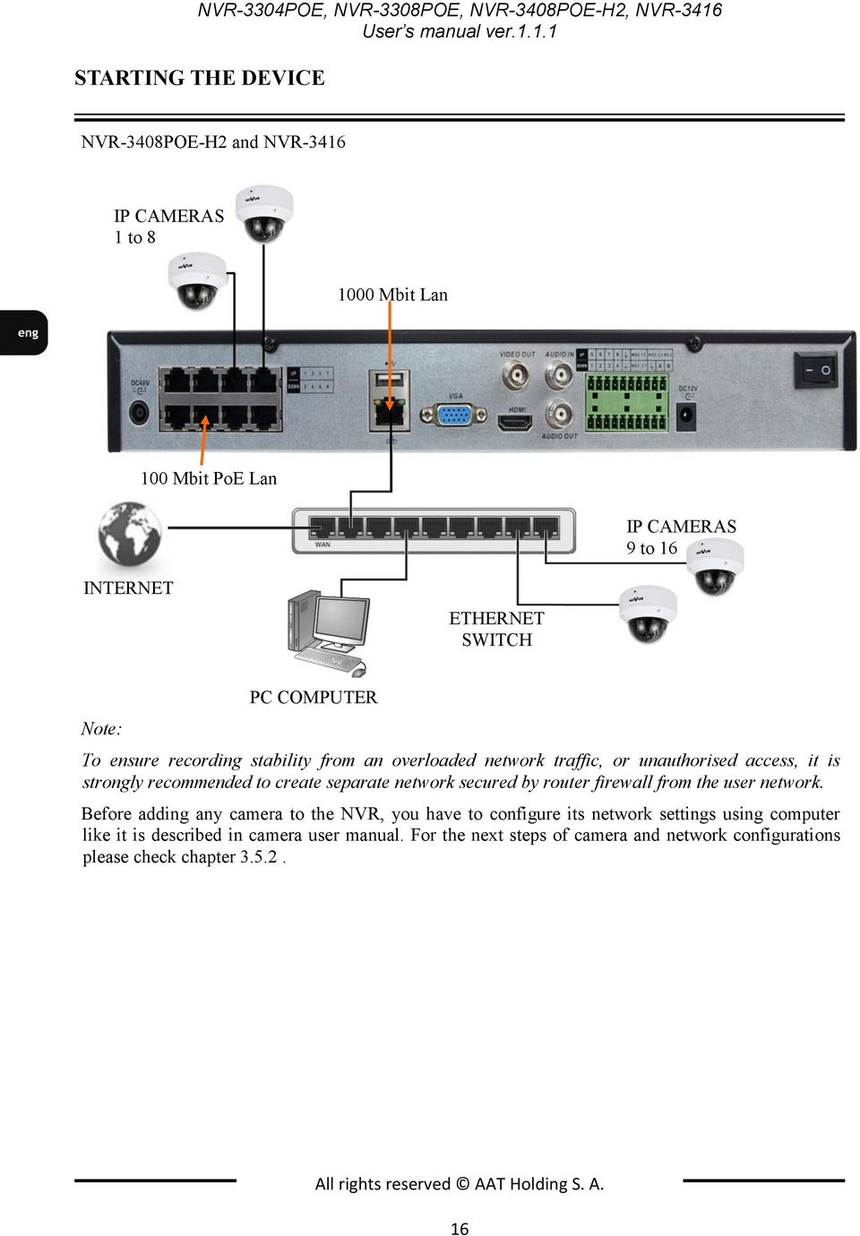 1.1 STARTING THE DEVICE NVR-3408POE-H2 and NVR-3416 IP CAMERAS 1 to 8 1000 Mbit Lan 100 Mbit PoE Lan IP CAMERAS 9 to 16 INTERNET ETHERNET SWITCH Note: PC COMPUTER To ensure
