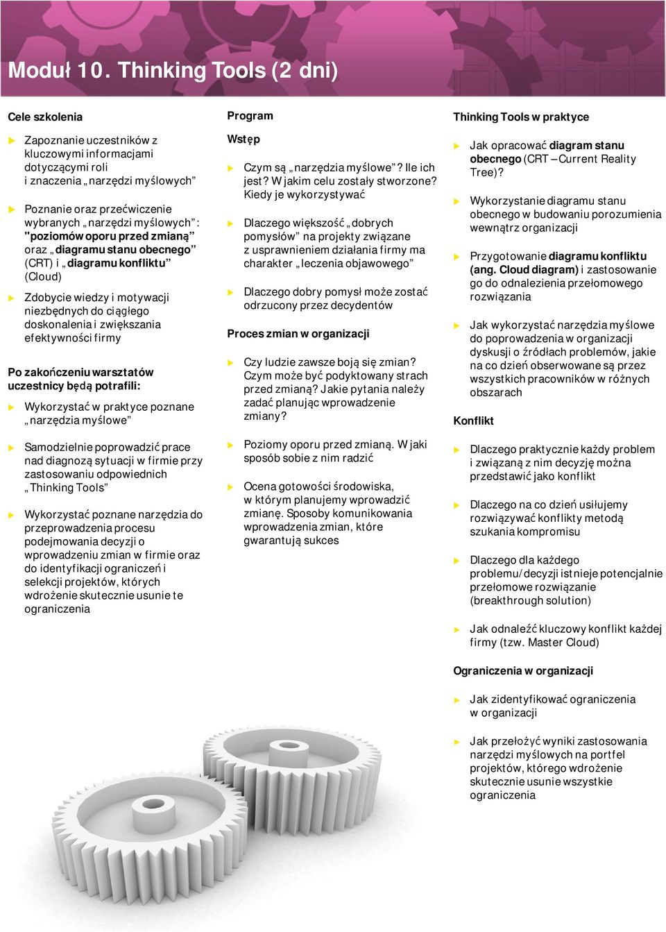 "poziomów opor przed zmianą oraz diagram stan obecnego (CRT) i diagram konflikt (Clod) Zdobycie wiedzy i motywacji niezbędnych do ciągłego doskonalenia i zwiększania efektywności firmy Po zakończeni