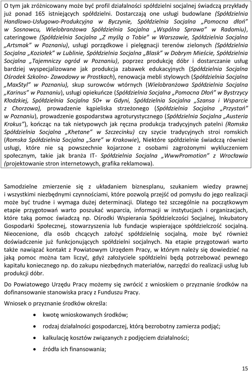 cateringowe (Spółdzielnia Socjalna Z myślą o Tobie w Warszawie, Spółdzielnia Socjalna Artsmak w Poznaniu), usługi porządkowe i pielęgnacji terenów zielonych (Spółdzielnia Socjalna Koziołek w