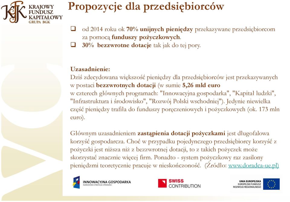 gospodarka", "Kapitał ludzki", "Infrastruktura i środowisko", "Rozwój Polski wschodniej"). Jedynie niewielka część pieniędzy trafiła do funduszy poręczeniowych i pożyczkowych (ok. 173 mln euro).