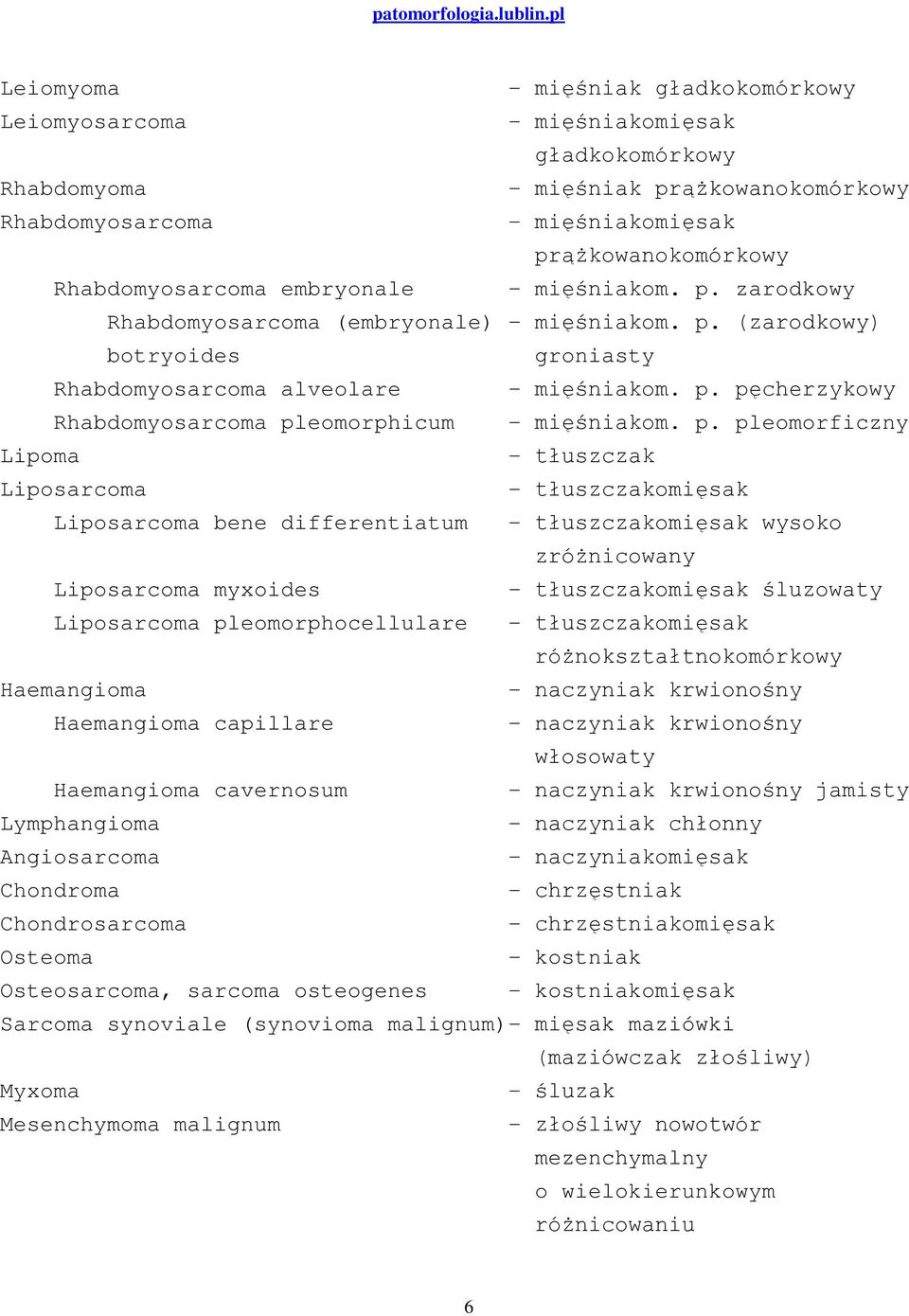 p. pleomorficzny Lipoma - tłuszczak Liposarcoma - tłuszczakomięsak Liposarcoma bene differentiatum - tłuszczakomięsak wysoko zróżnicowany Liposarcoma myxoides - tłuszczakomięsak śluzowaty Liposarcoma