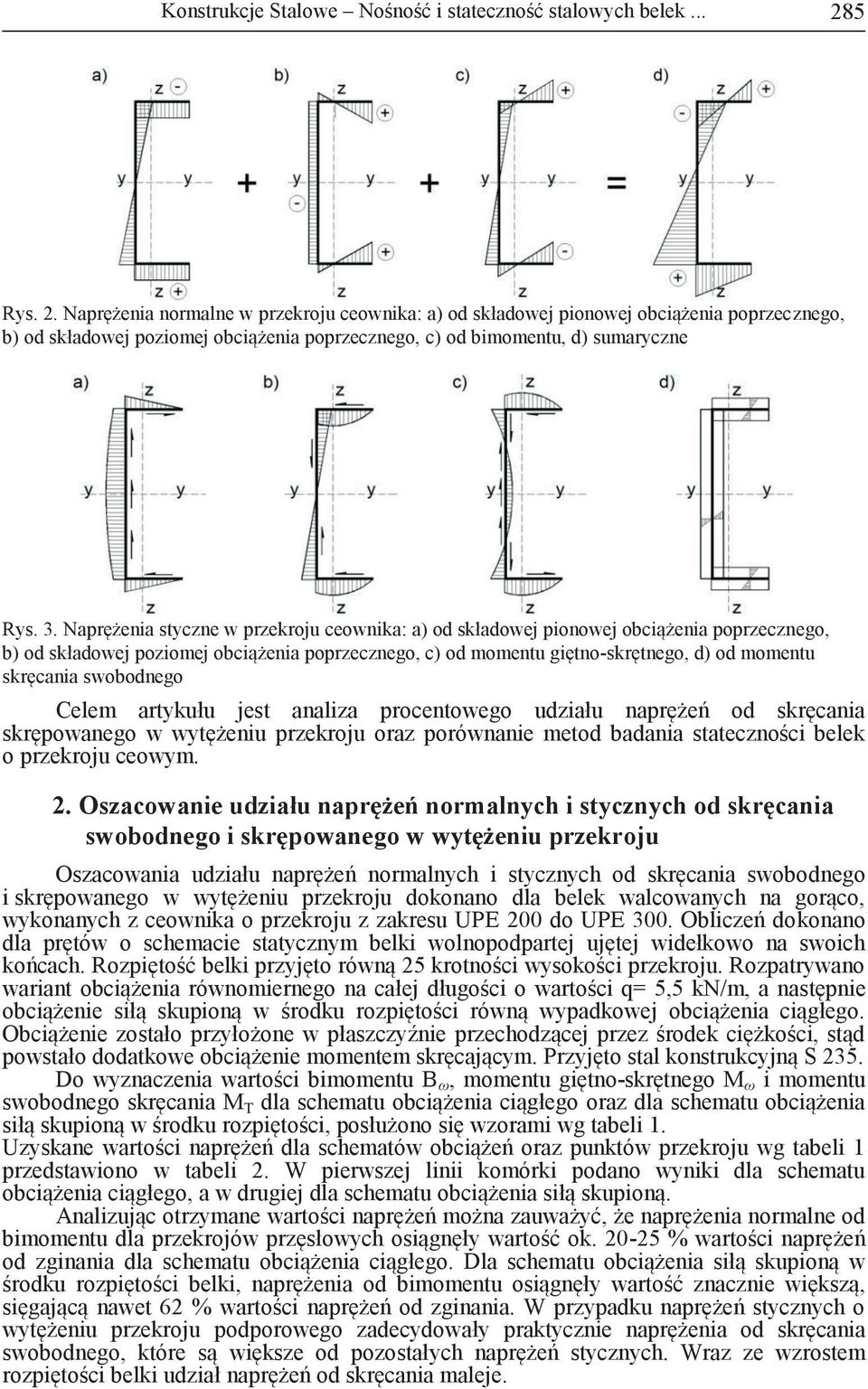 Naprężenia styczne w przekroju ceownika: a) od składowej pionowej obciążenia poprzecznego, b) od składowej poziomej obciążenia poprzecznego, c) od momentu giętno-skrętnego, d) od momentu skręcania