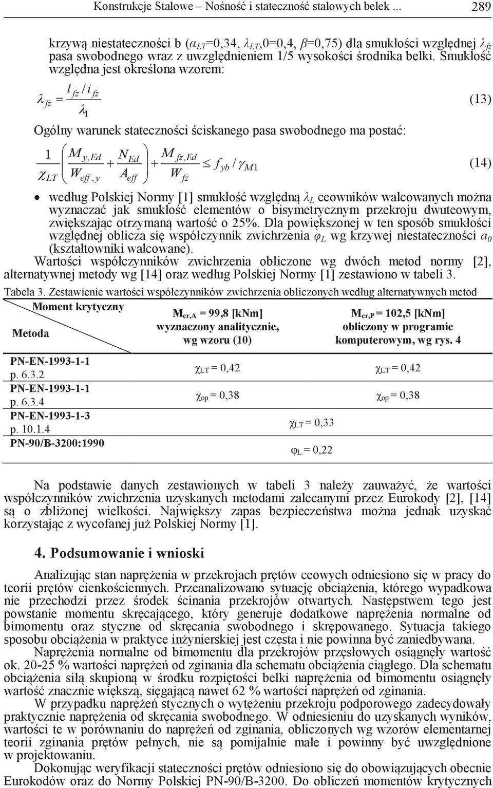 Smukłość względna jest określona wzorem: l fz / i fz fz (13) 1 Ogólny warunek stateczności ściskanego pasa swobodnego ma postać: 1 y, Ed N Ed fz, Ed f yb / 1 (14) LT Weff, y A eff Wfz według Polskiej