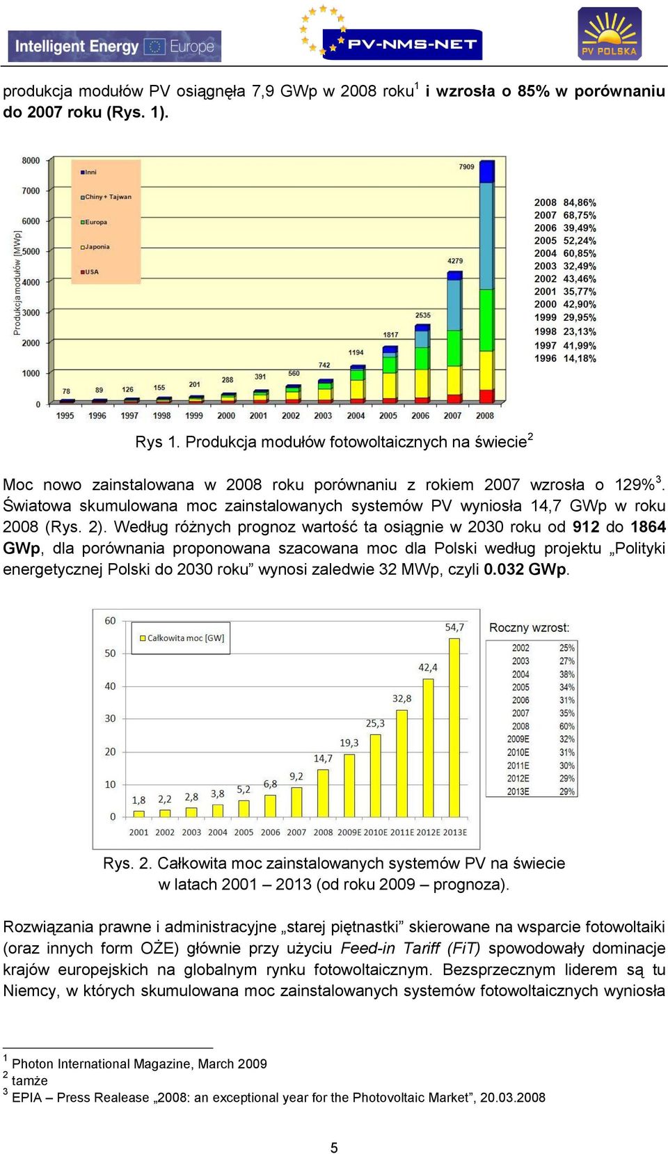 Światowa skumulowana moc zainstalowanych systemów PV wyniosła 14,7 GWp w roku 2008 (Rys. 2).