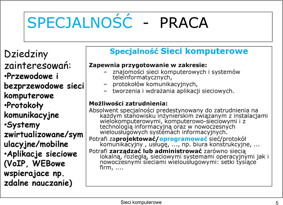 zdalne nauczanie) Specjalność Sieci komputerowe Zapewnia przygotowanie w zakresie: znajomości sieci komputerowych i systemów teleinformatycznych, protokołów komunikacyjnych, tworzenia i wdrażania