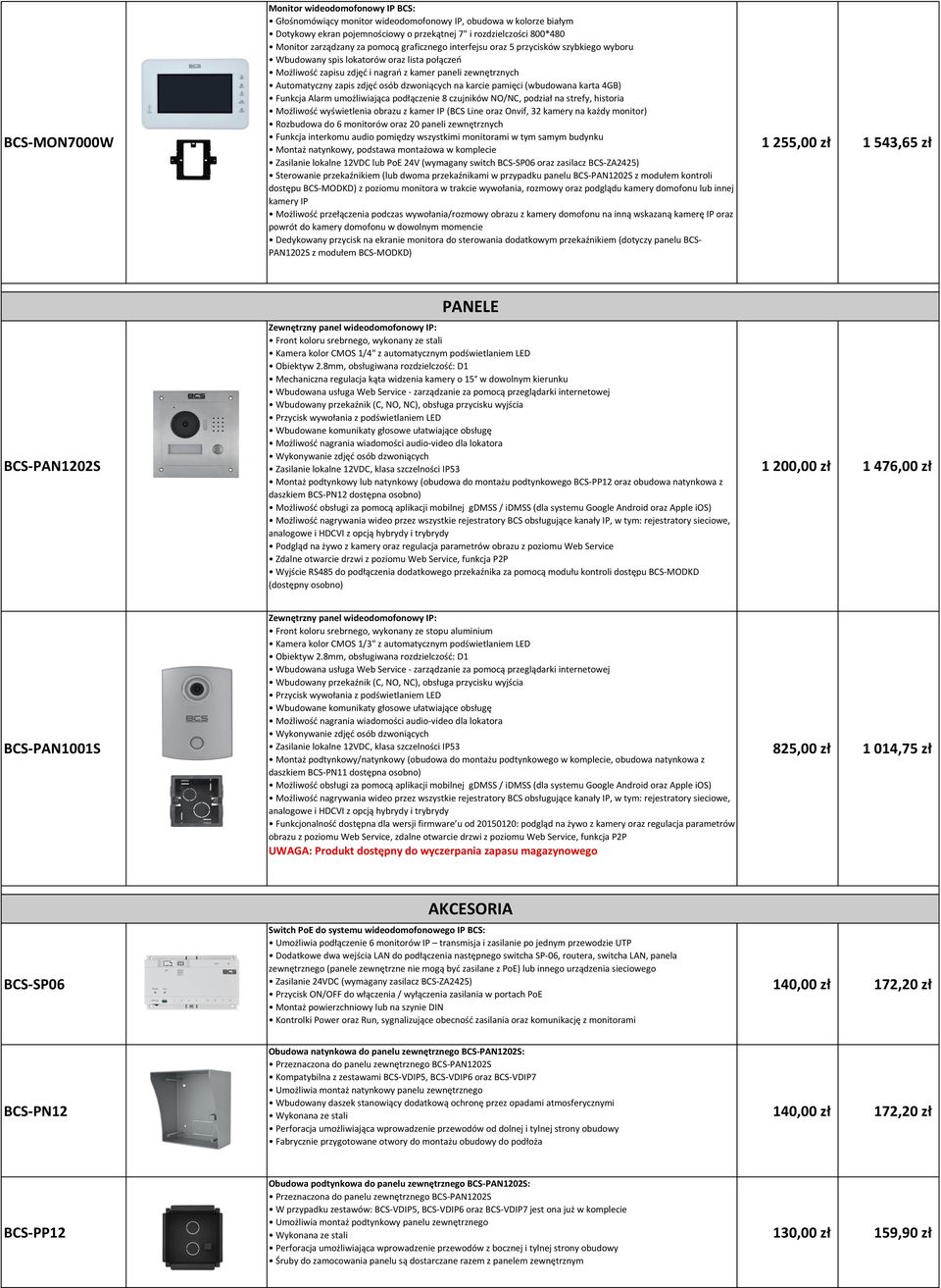 Mechaniczna regulacja kąta widzenia kamery o 15 w dowolnym kierunku Montaż podtynkowy lub natynkowy (obudowa do montażu podtynkowego BCS-PP12 oraz obudowa natynkowa z daszkiem BCS-PN12 dostępna