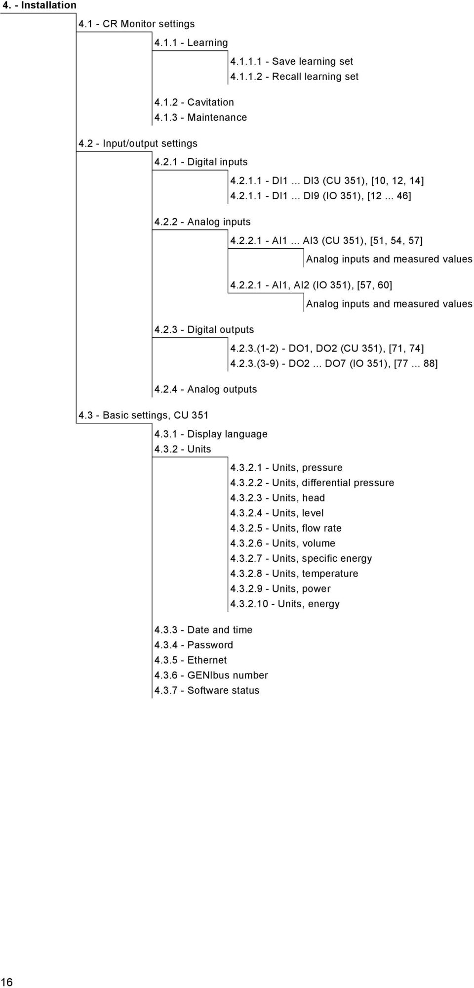 2.3 - Digital outputs 4.2.3.(1-2) - DO1, DO2 (CU 351), [71, 74] 4.2.3.(3-9) - DO2... DO7 (IO 351), [77... 88] 4.2.4 - Analog outputs 4.3 - Basic settings, CU 351 4.3.1 - Display language 4.3.2 - Units 4.