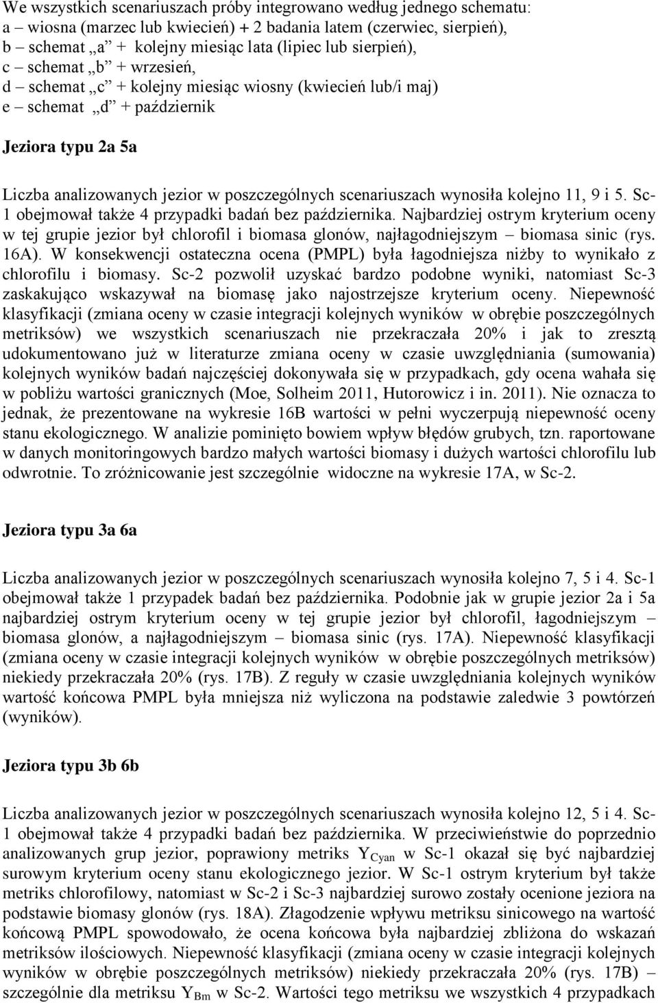 kolejno 11, 9 i 5. Sc- 1 obejmował także 4 przypadki badań bez października. Najbardziej ostrym kryterium oceny w tej grupie jezior był chlorofil i biomasa glonów, najłagodniejszym biomasa sinic (rys.