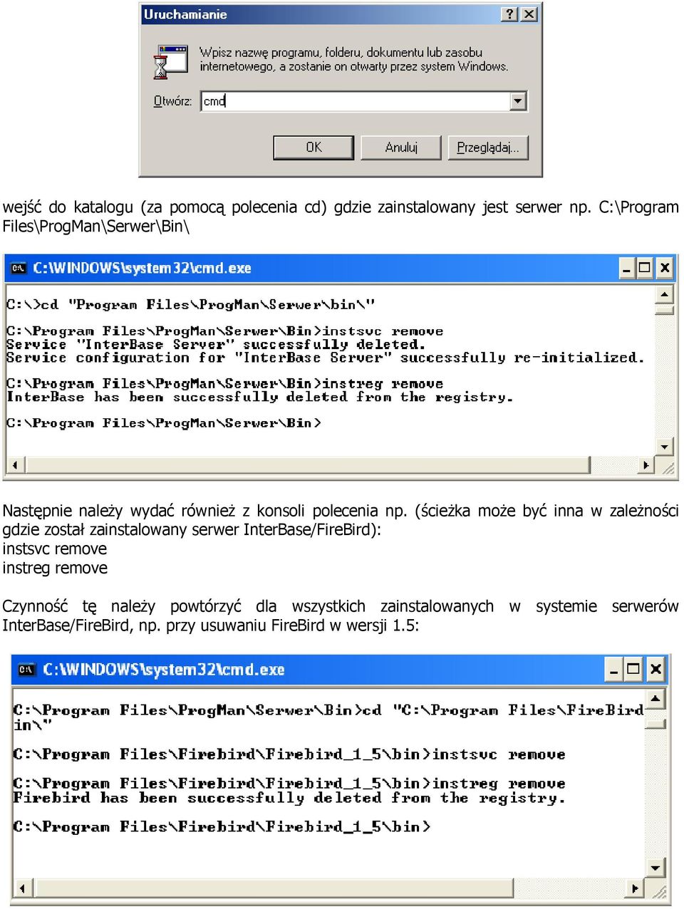 (ścieŝka moŝe być inna w zaleŝności gdzie został zainstalowany serwer InterBase/FireBird): instsvc remove