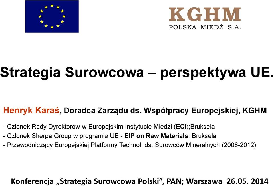(ECI);Bruksela - Członek Sherpa Group w programie UE - EIP on Raw Materials; Bruksela -
