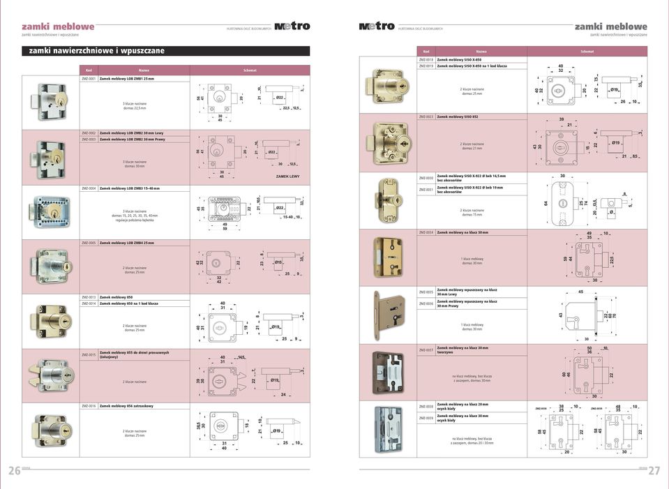 bez akcesoriów ZMZ-0031 Zamek meblowy SISO X-922 Ø beb 19 mm bez akcesoriów dormas 15 mm dormas 15, 20, 25, 30, 35, 40 mm regulacja położenia bębenka ZMZ-0034 ZMZ-0005 Zamek meblowy LOB ZMB4 25 mm
