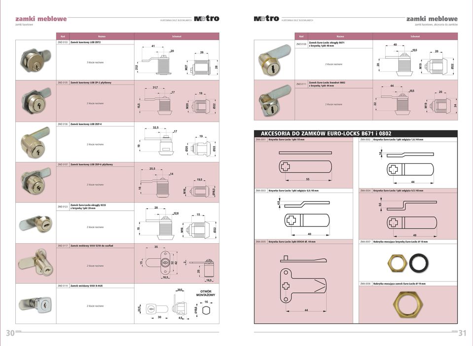 Zamek kasetowy LOB ZKP-6 płytkowy ZMA-0003 Krzywka Euro-Locks 1pkt odgięta 4,8 / 40 mm ZMA-0004 Krzywka Euro-Locks 1pkt odgięta 9,5 / 48 mm ZMZ-0123 Zamek Euro-Locks okrągły 0233 z krzywką 1pkt 28 mm