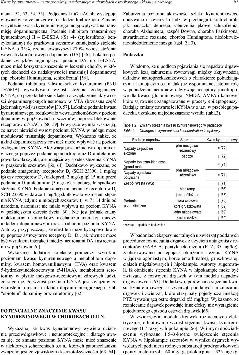 Podanie inhibitora transaminazy kynureninowej II E-ESBA ((S) -4- (etylosulfono) benzyloalaniny) do prążkowia szczurów zmniejszało stężenie KYNA o 35%, czemu towarzyszył 270% wzrost stężenia