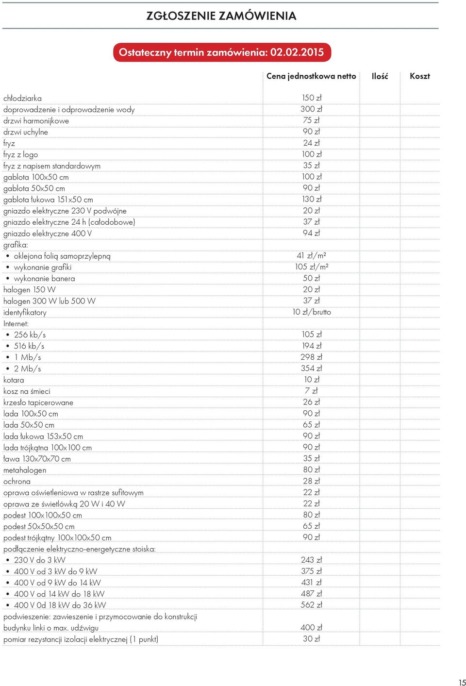 wykonanie banera halogen 150 W halogen 300 W lub 500 W identyfikatory Internet: 256 kb/s 516 kb/s 1 Mb/s 2 Mb/s kotara kosz na śmieci krzesło tapicerowane lada 100x50 cm lada 50x50 cm lada łukowa