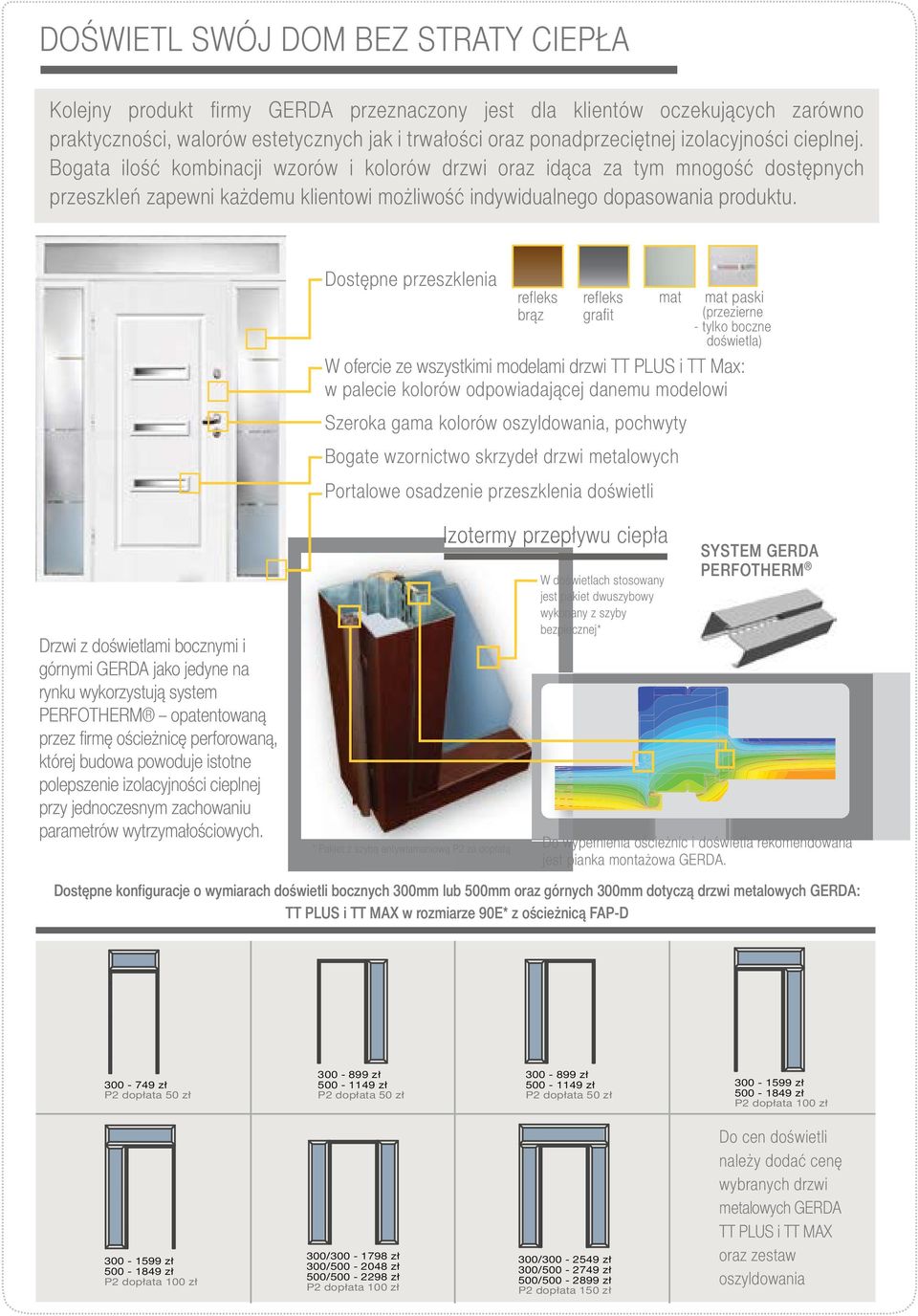 Dostępne przeszklenia refleks brąz refleks grafit W ofercie ze wszystkimi modelami drzwi TT PLUS i TT Max: w palecie kolorów odpowiadającej danemu modelowi Szeroka gama kolorów oszyldowania, pochwyty