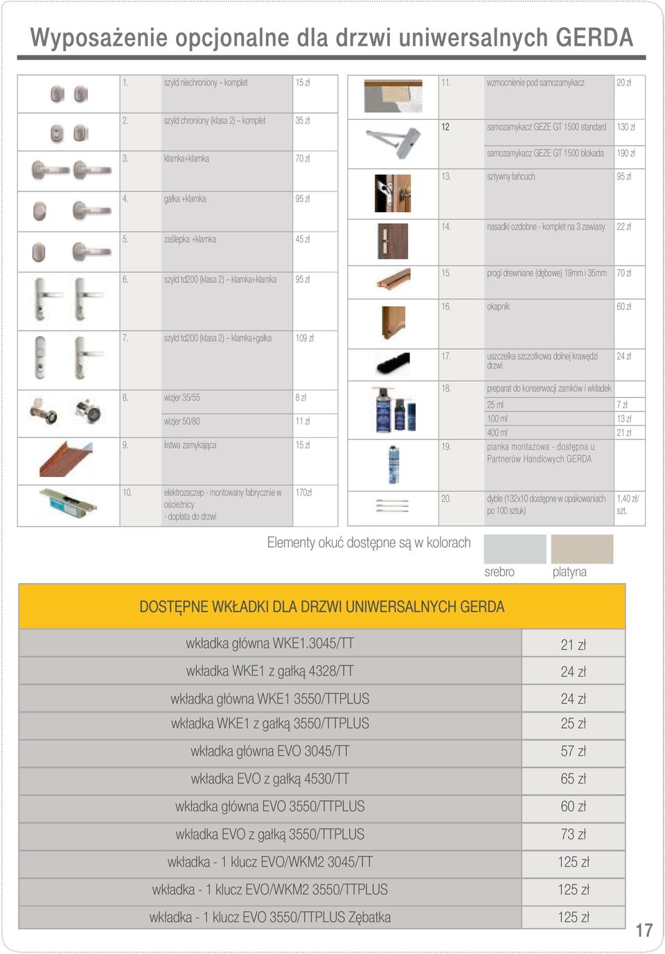 nasadki ozdobne - komplet na 3 zawiasy 22 zł 6. szyld td200 (klasa 2) klamka+klamka 95 zł 15. progi drewniane (dębowe) 19mm i 35mm 70 zł 16. okapnik 60 zł 7.