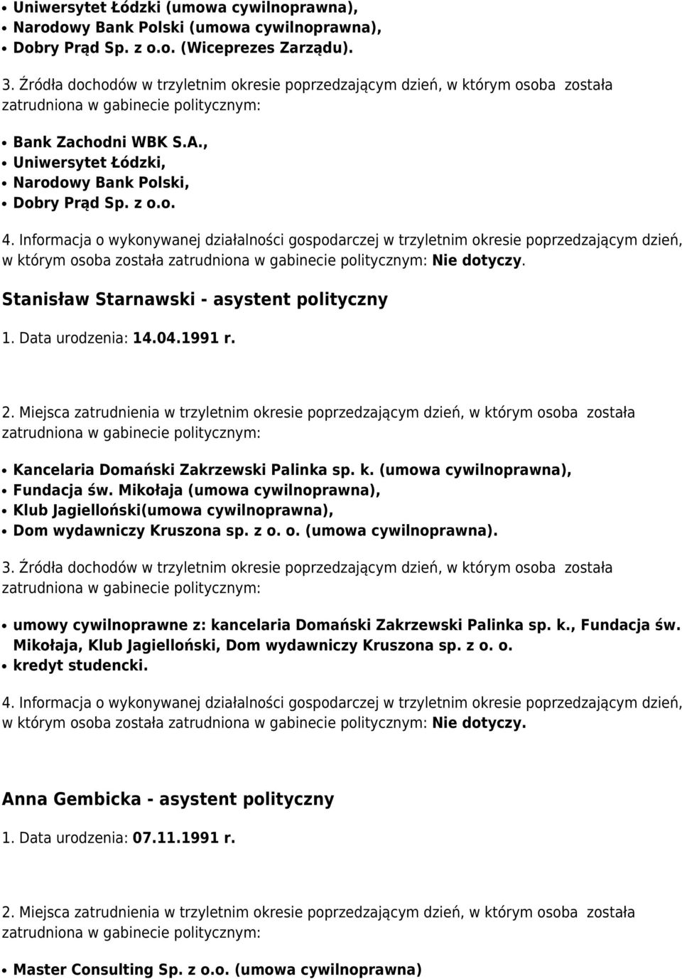 Kancelaria Domański Zakrzewski Palinka sp. k. (umowa cywilnoprawna), Fundacja św. Mikołaja (umowa cywilnoprawna), Klub Jagielloński(umowa cywilnoprawna), Dom wydawniczy Kruszona sp. z o.