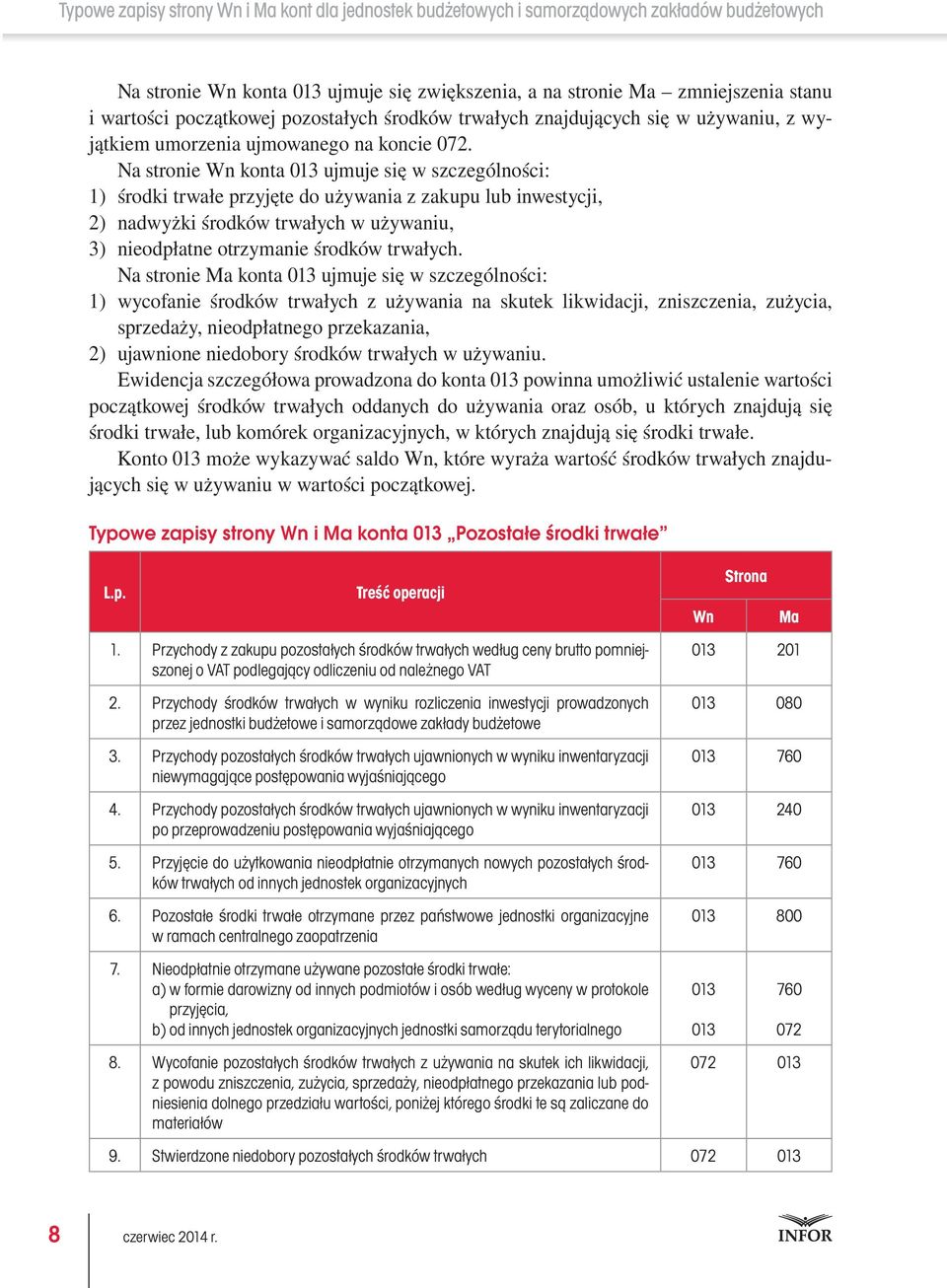 Na stronie konta 013 ujmuje się w szczególności: 1) środki trwałe przyjęte do używania z zakupu lub inwestycji, 2) nadwyżki środków trwałych w używaniu, 3) nieodpłatne otrzymanie środków trwałych.