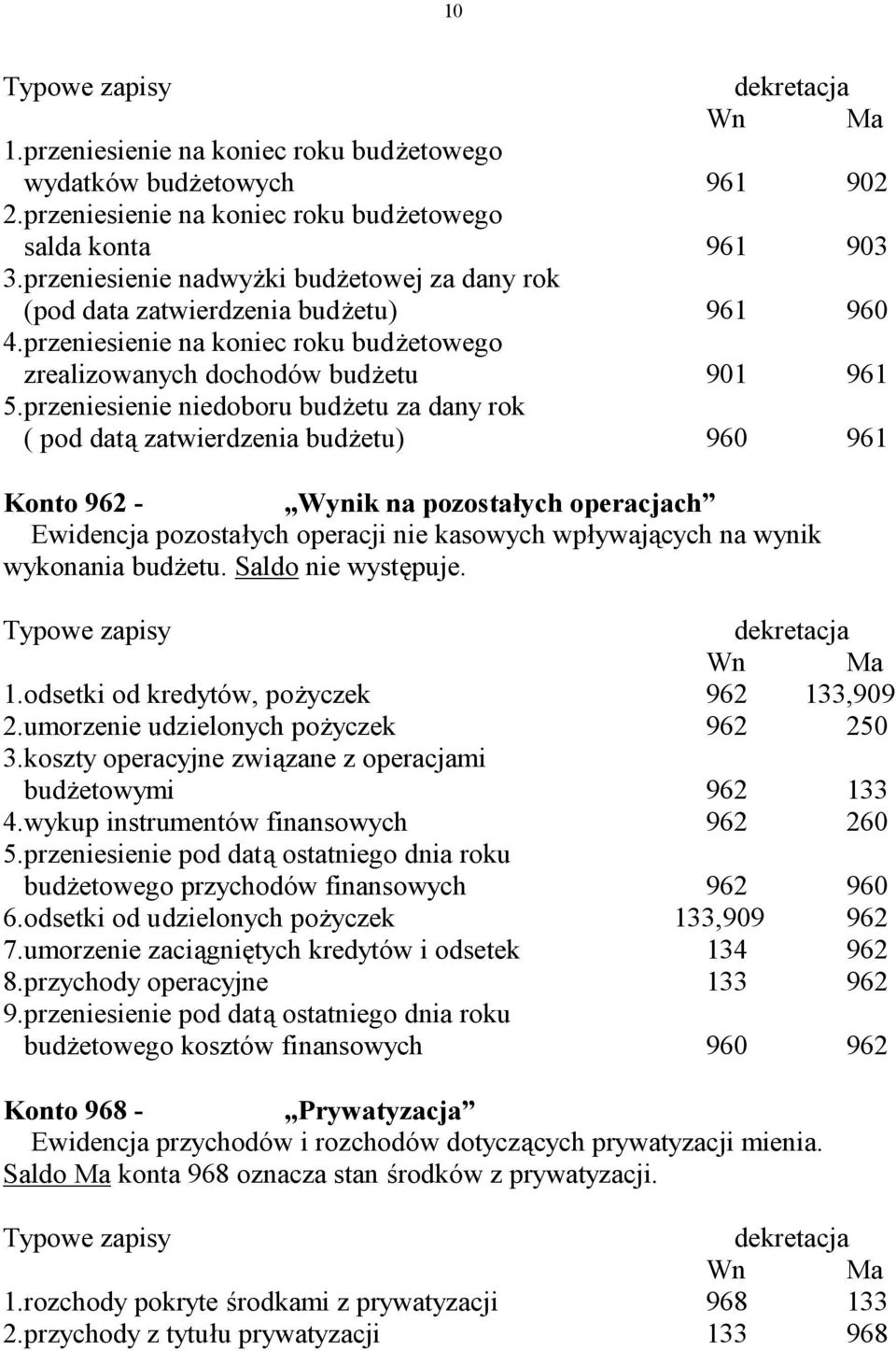 przeniesienie niedoboru budżetu za dany rok ( pod datą zatwierdzenia budżetu) 960 961 Konto 962 - Wynik na pozostałych operacjach Ewidencja pozostałych operacji nie kasowych wpływających na wynik