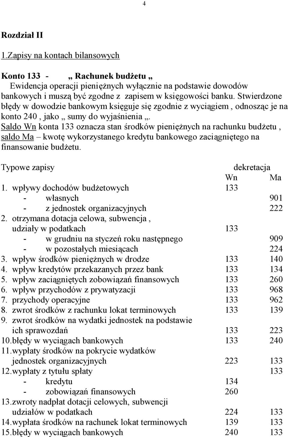 Saldo Wn konta 133 oznacza stan środków pieniężnych na rachunku budżetu, saldo Ma kwotę wykorzystanego kredytu bankowego zaciągniętego na finansowanie budżetu. 1. wpływy dochodów budżetowych 133 - własnych 901 - z jednostek organizacyjnych 222 2.