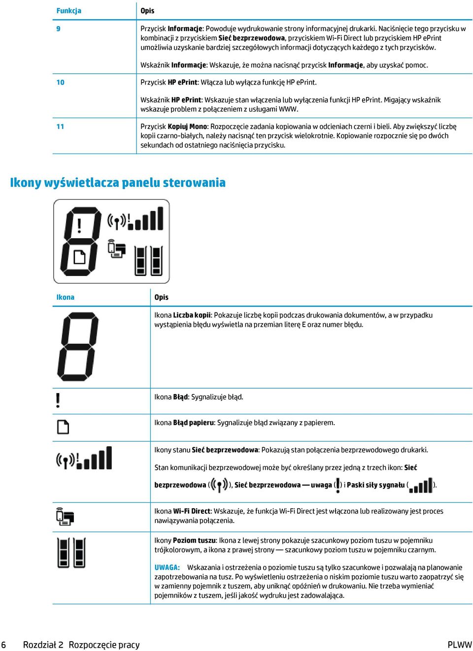 z tych przycisków. Wskaźnik Informacje: Wskazuje, że można nacisnąć przycisk Informacje, aby uzyskać pomoc. 10 Przycisk HP eprint: Włącza lub wyłącza funkcję HP eprint.