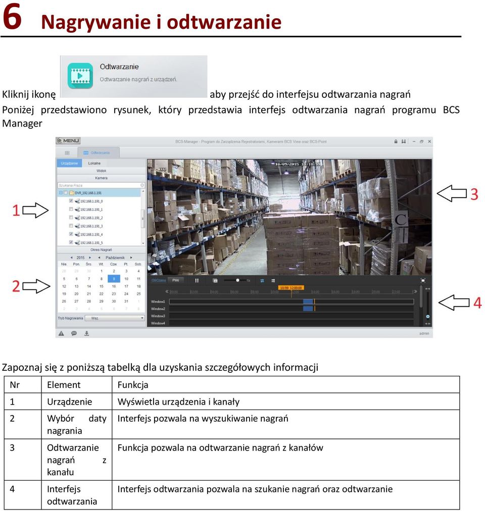 Funkcja 1 Urządzenie Wyświetla urządzenia i kanały 2 Wybór daty nagrania 3 Odtwarzanie nagrań z kanału 4 Interfejs odtwarzania Interfejs