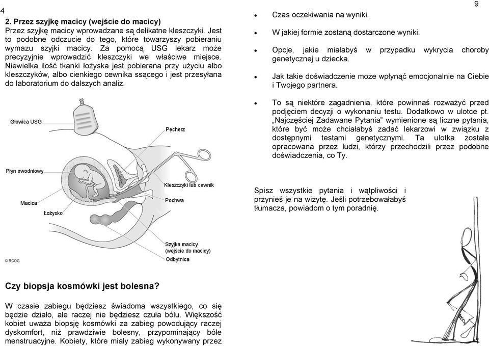 Niewielka ilość tkanki łożyska jest pobierana przy użyciu albo kleszczyków, albo cienkiego cewnika ssącego i jest przesyłana do laboratorium do dalszych analiz. Czas oczekiwania na wyniki.