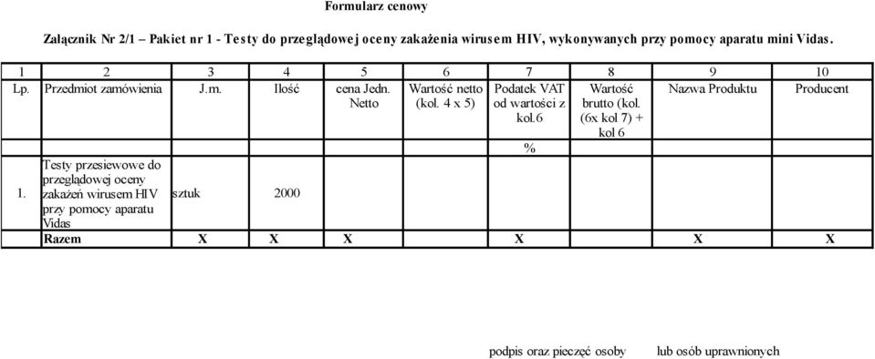 Wartość netto Podatek VAT Wartość Nazwa Produktu Producent Netto (kol. 4 x 5) od wartości z brutto (kol. kol.