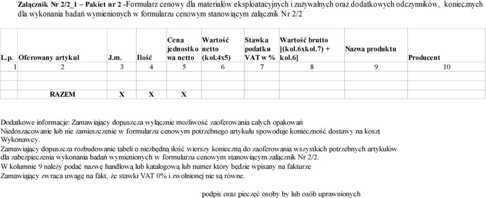 6] Producent RAZEM X X X Dodatkowe informacje: Zamawiający dopuszcza wyłącznie możliwość zaoferowania całych opakowań Niedoszacowanie lub nie zamieszczenie w formularzu cenowym potrzebnego artykułu