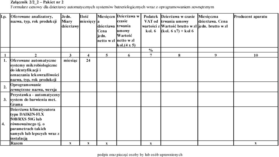 Cena dzierżawy dzierżawa trwania wartości z Wartość brutto w zł jedn. brutto w zł Cena umowy kol. 6 (kol. 6 x7) + kol 6 jedn. Wartość netto w zł netto w zł kol.(4 x 5) 1.