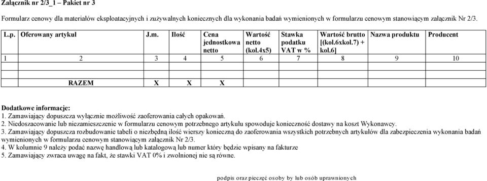 Zamawiający dopuszcza wyłącznie możliwość zaoferowania całych opakowań. 2.