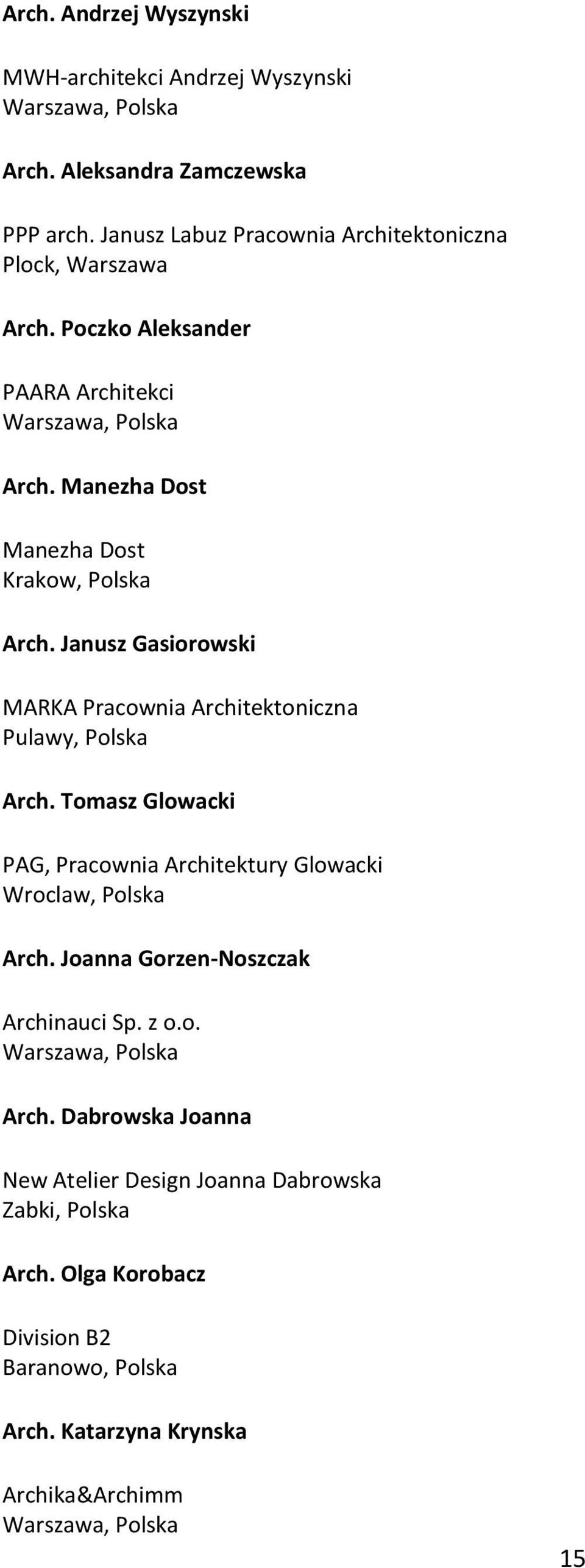 Janusz Gasiorowski MARKA Pracownia Architektoniczna Pulawy, Polska Arch. Tomasz Glowacki PAG, Pracownia Architektury Glowacki Wroclaw, Polska Arch.