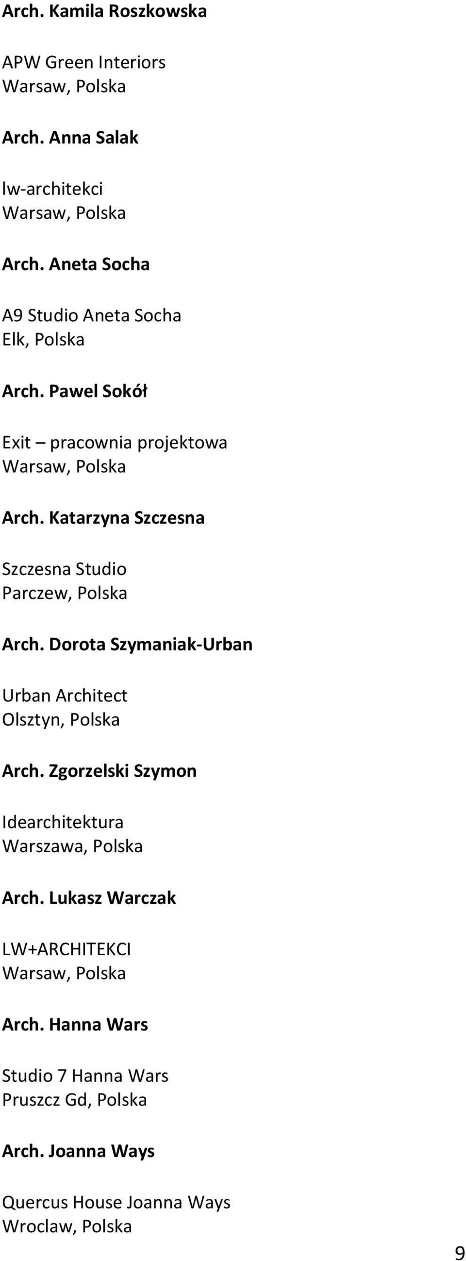 Katarzyna Szczesna Szczesna Studio Parczew, Polska Arch. Dorota Szymaniak-Urban Urban Architect Olsztyn, Polska Arch.